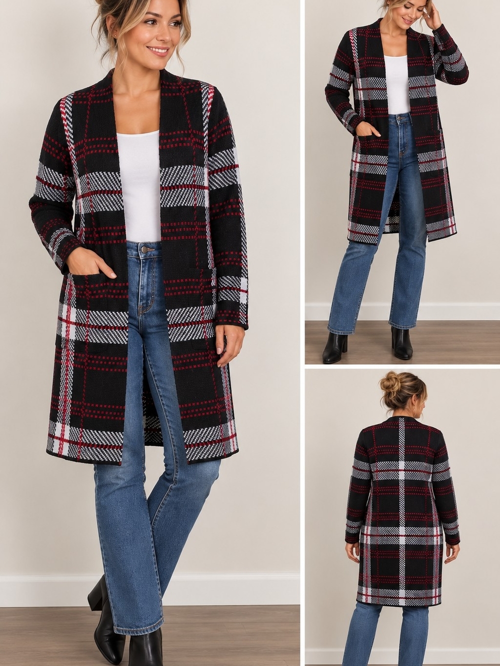 Apt. 9 Black Plaid Open-Front Cardigan with Red & Gray Accents